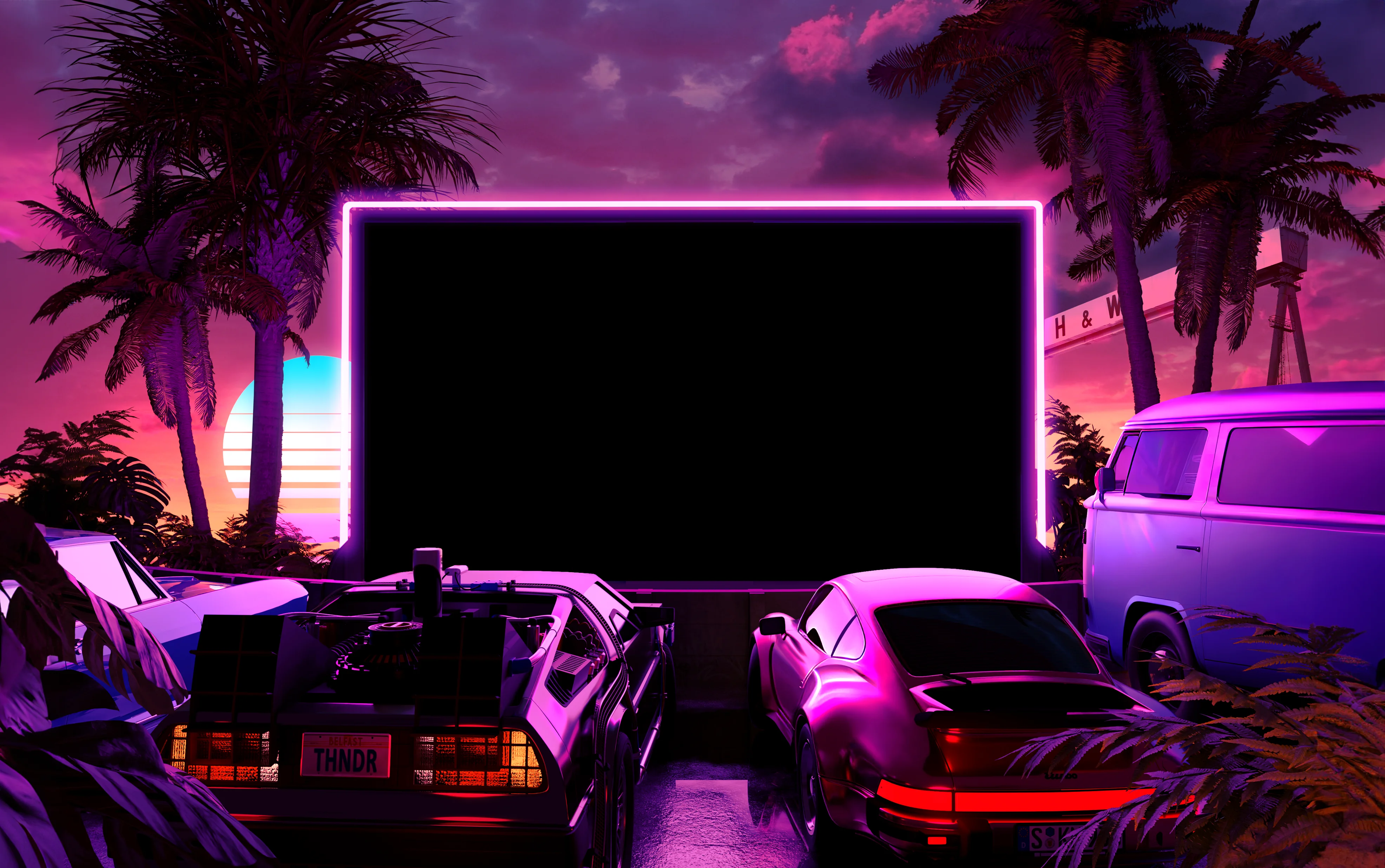 An image of 4 vehicles in front of a drive-in cinema screen